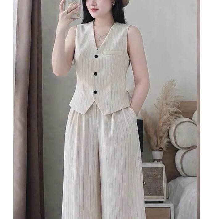 (SET ĐẸP - MAY KỸ ) Set Áo Gile Kẻ Sọc kèm Quần Suông Dài Nữ, Chất đẹp Thời Trang có Bigsize HIYU 66 STORE
