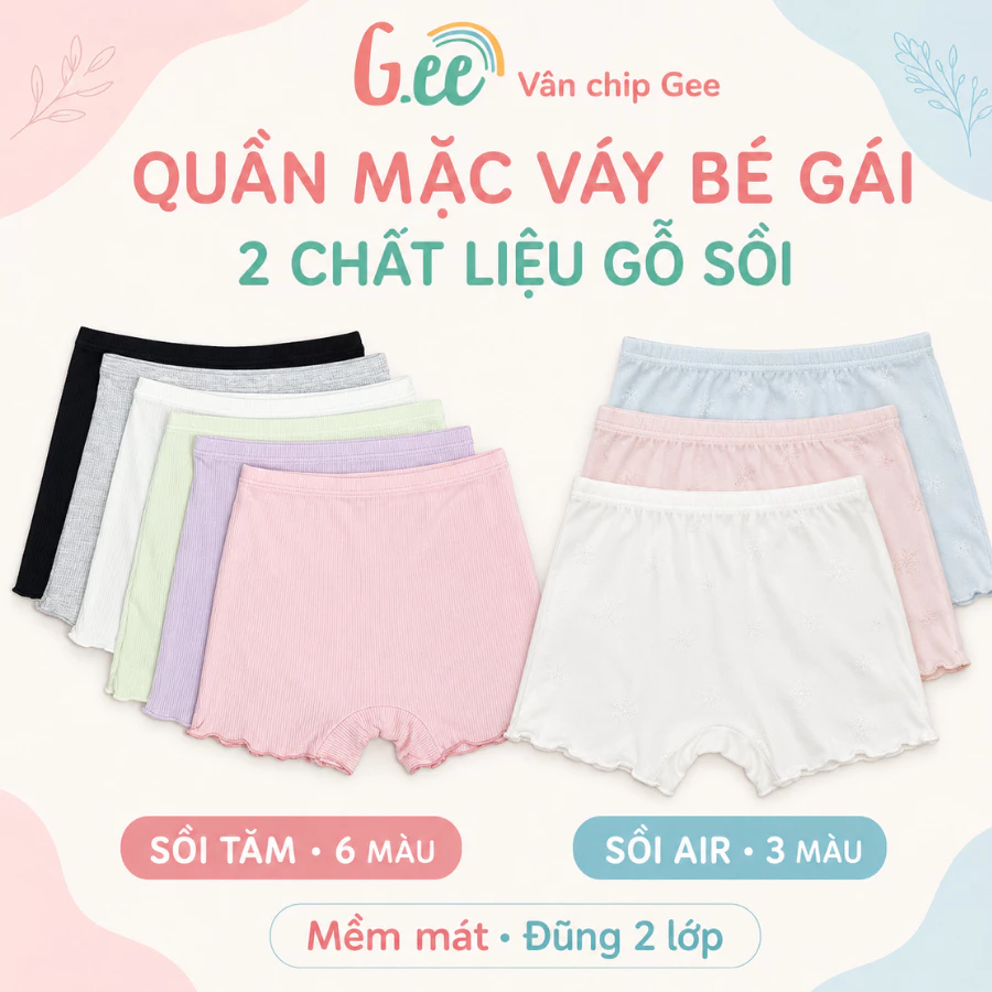 Quần lót mặc váy Gee, quần mặc váy bé gái nữ vải gỗ sồi mềm mại thoáng mát từ 10 đến 60kg