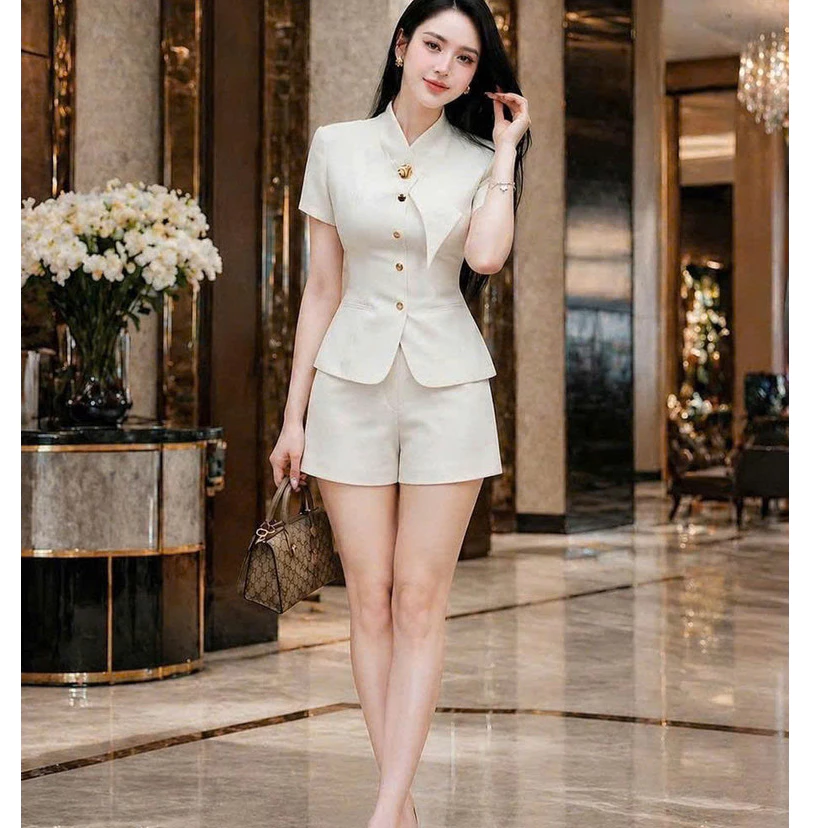 (MAY 2 LỚP ) Bộ Vest Nữ Tay Ngắn Quần Short Vải Xước Hàn Thiết Kế Sang Trọng Thanh Lịch Thời Trang NY NA STORE