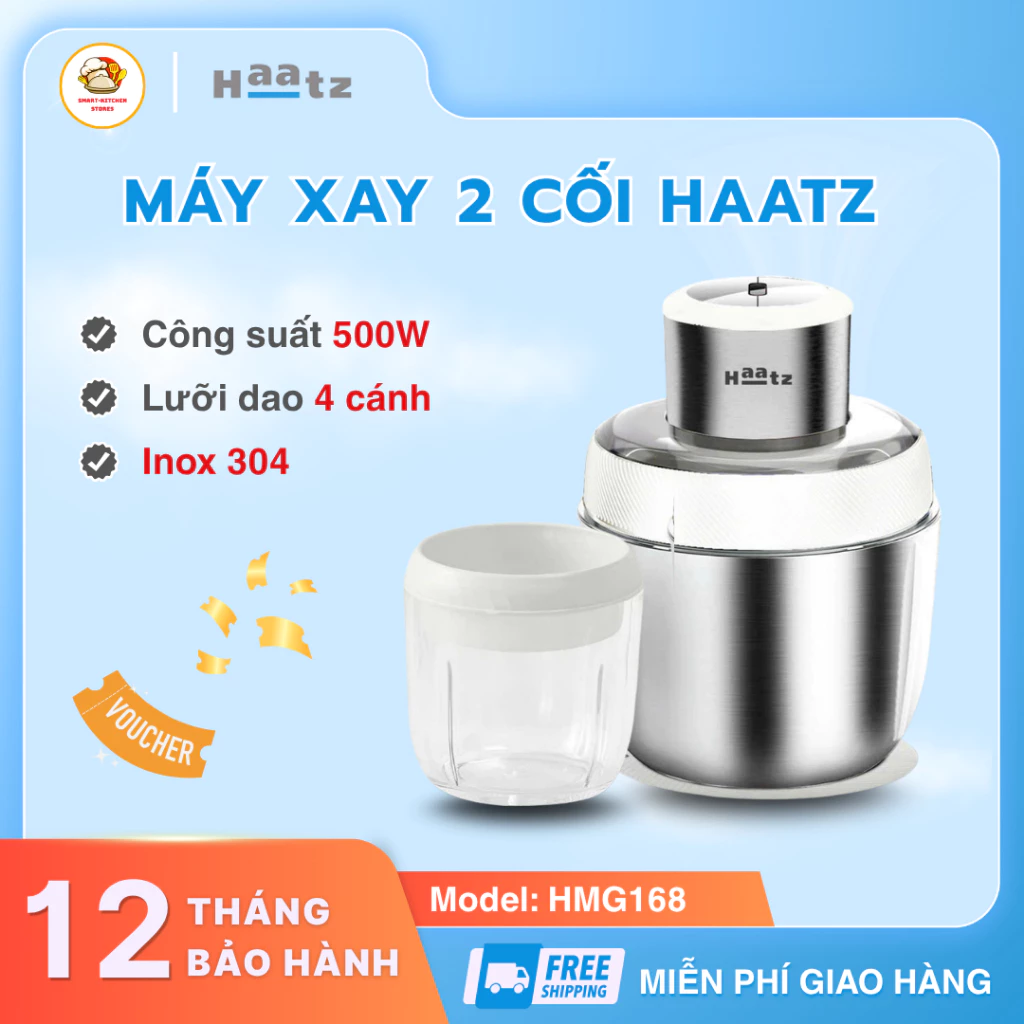 Máy Xay 2 Cối Haatz HMG168 Công Suất 500W Xay Mạnh, Dung Tích 2.5L Kèm Đầu Đánh Ruốc - Smart Kichen Store