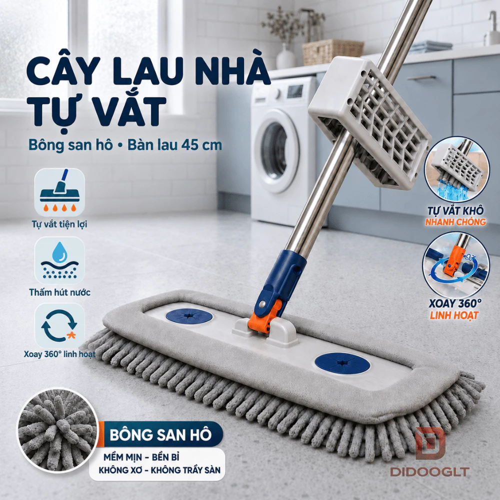 Cây Lau Nhà Tự Vắt Thông Minh Xoay 360 Độ DIDOOGLT Bàn Lau 45cm Bông San Hô Thấm Hút