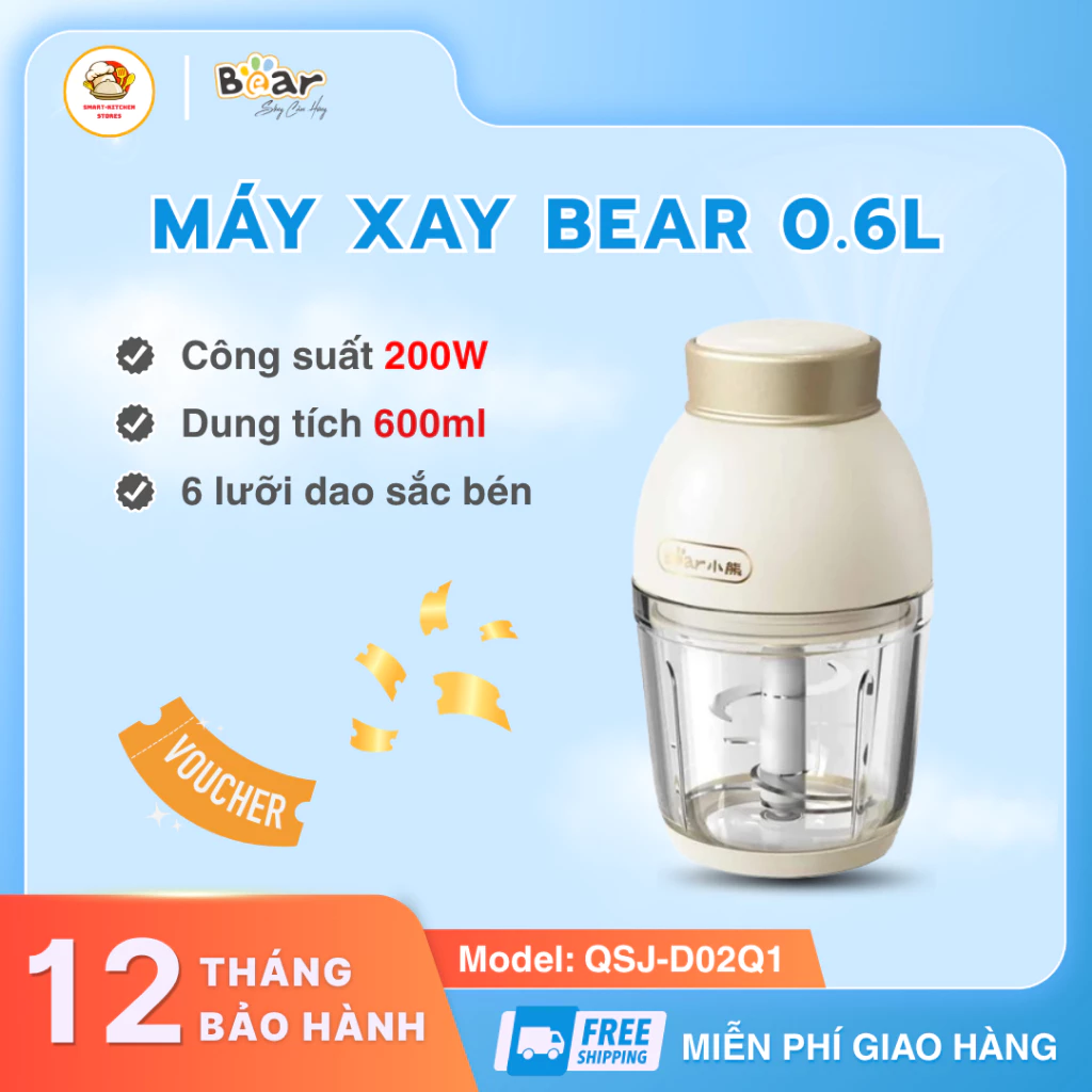 Máy xay Bear QSJ D021 0,6L Công Suất 200W, Lưỡi Dao Sắc Bén Inox Bền Bỉ, Xay Thịt Rau Củ Đa Năng - Smart Kitchen Store