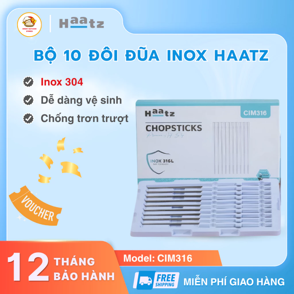 Bộ Đũa 10 Đôi Đũa Inox 316L Haatz Chống Gỉ, Bền Đẹp Dễ Vệ Sinh Thiết Kế Trang Nhã Tinh Tế BH 24T - Smart Kitchen Stores