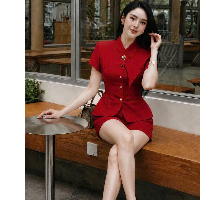 (MAY 2 LỚP ) Bộ Vest Nữ Tay Ngắn Quần Short Vải Xước Hàn Thiết Kế Sang Trọng Thanh Lịch Thời Trang K&B FASHION