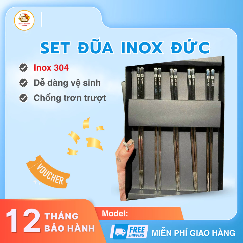 Set 5 Đôi Đũa Inox Đức Cứng Cáp Đầu Đũa Chống Trơn, Chất Liệu Bền Đẹp An Toàn Khi Sử Dụng - Smart Kitchen Store