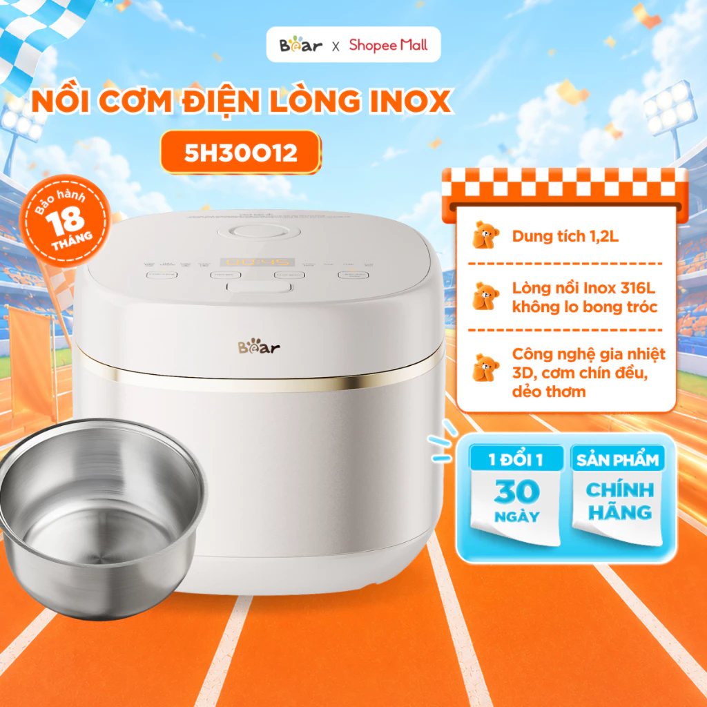 Nồi Cơm Điện Tử Bear 1.2L Lòng Nồi Inox Cao Cấp Nấu Cơm Ngon Công Nghệ Kiểm Soát Nhiệt Kép Nấu Cơm Tự Động RC-5H30O12