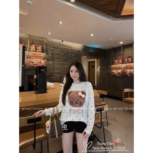(feifei) Áo Phông Giấy Dài Tay Gấu Nơ Form Rộng - Dài 66cm - 3166