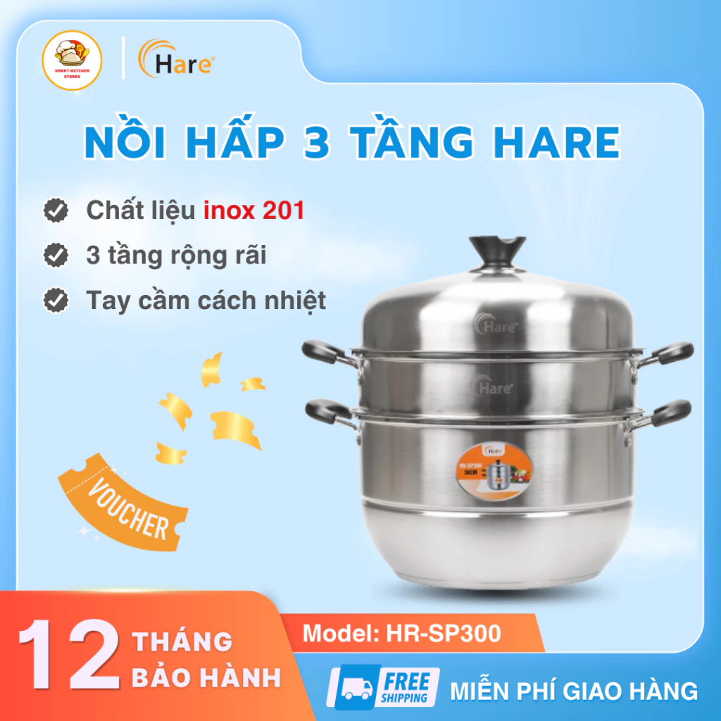 Nồi Hấp 3 Tầng Hare 30Cm HR-SP300 Inox 201 Chống Gỉ Sét, Thiết Kế 3 Tầng Nấu Nhiều Món - Smart Kitchen Store