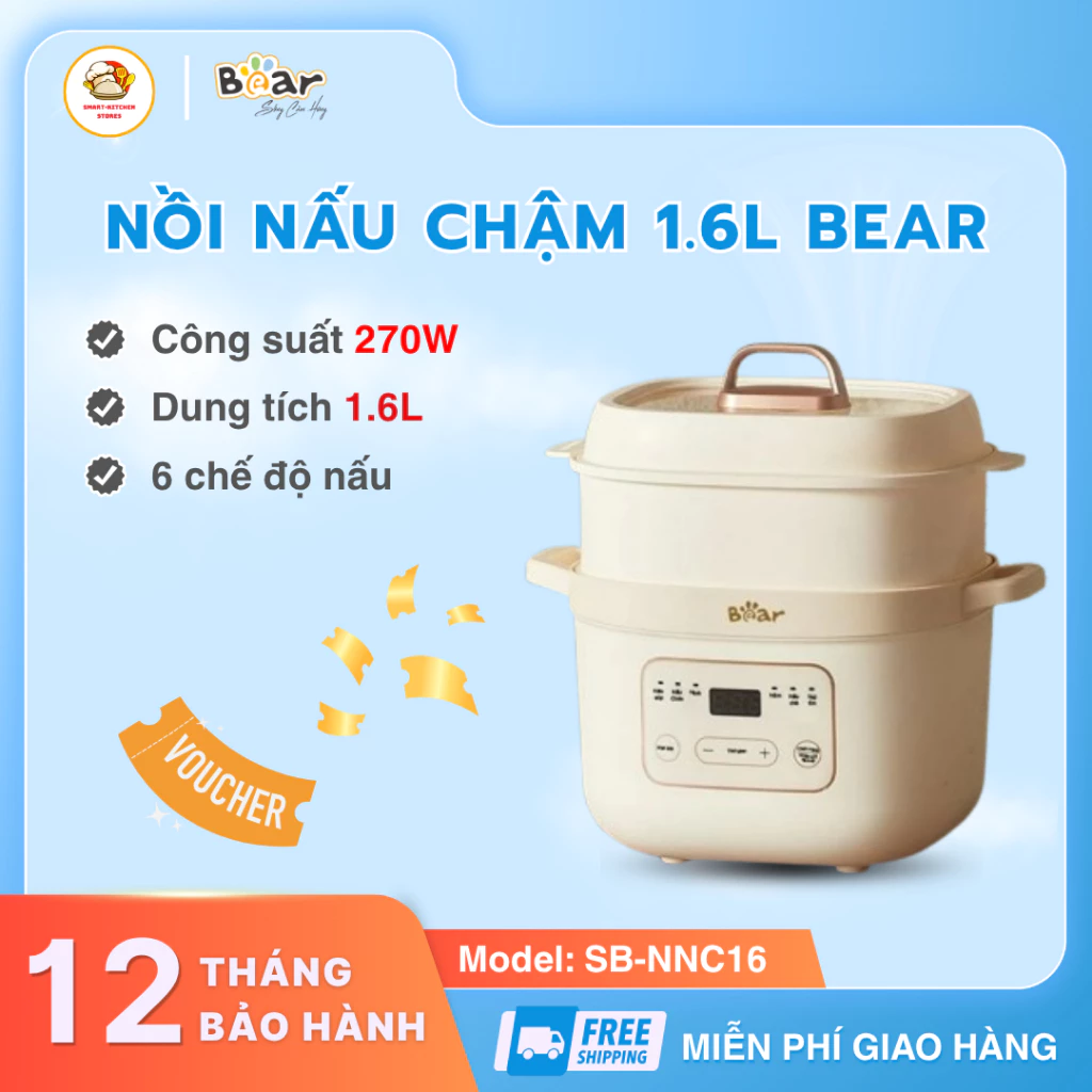 Nồi Nấu Chậm Bear SB-NNC16 1.6L Công Nghệ Hầm Chậm Không Trào Không Cháy, Giúp Món Ăn Mềm Nhừ Đậm Vị-Smart Kitchen Store