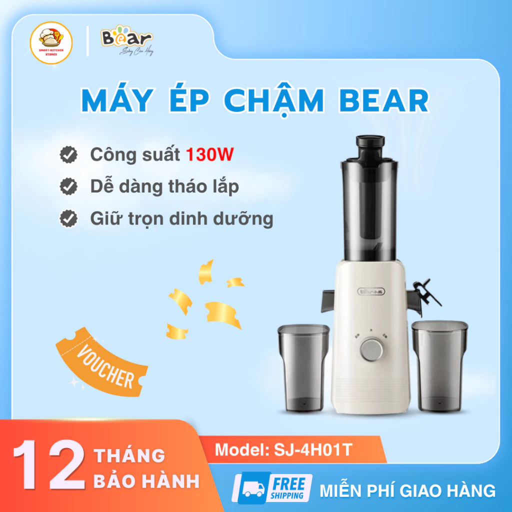 Máy ép chậm Bear SJ 4H01T Công suất 130W, Lưới Lọc Kim Loại 2 Lớp Lọc Nước Ép Thêm Mịn - Smart Kitchen Store