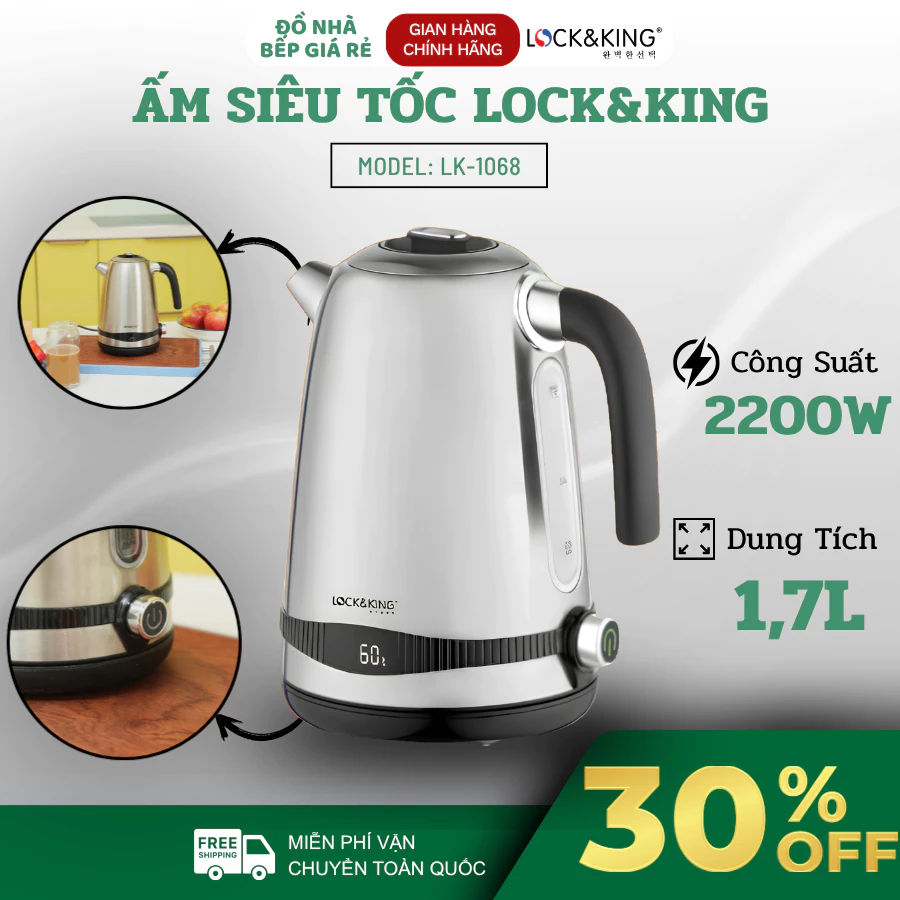 Ấm Siêu Tốc Lock&King LK-1068 Công Suất 2200W Mạnh Mẽ Đun Sôi Nhanh, Thiết Kế Hiện Đại Dễ Sử Dụng - Haatz Online