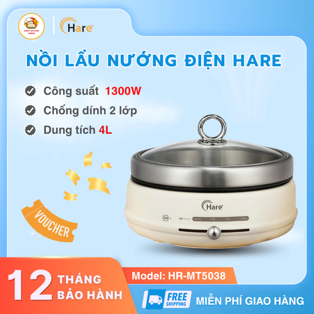 Nồi Lẩu Nướng Điện Hare HR-MT5038 4L Tích Hợp 2 Trong 1 Tiện Lợi, Lòng Nồi Inox Chống Dính  - Smart Kitchen Store
