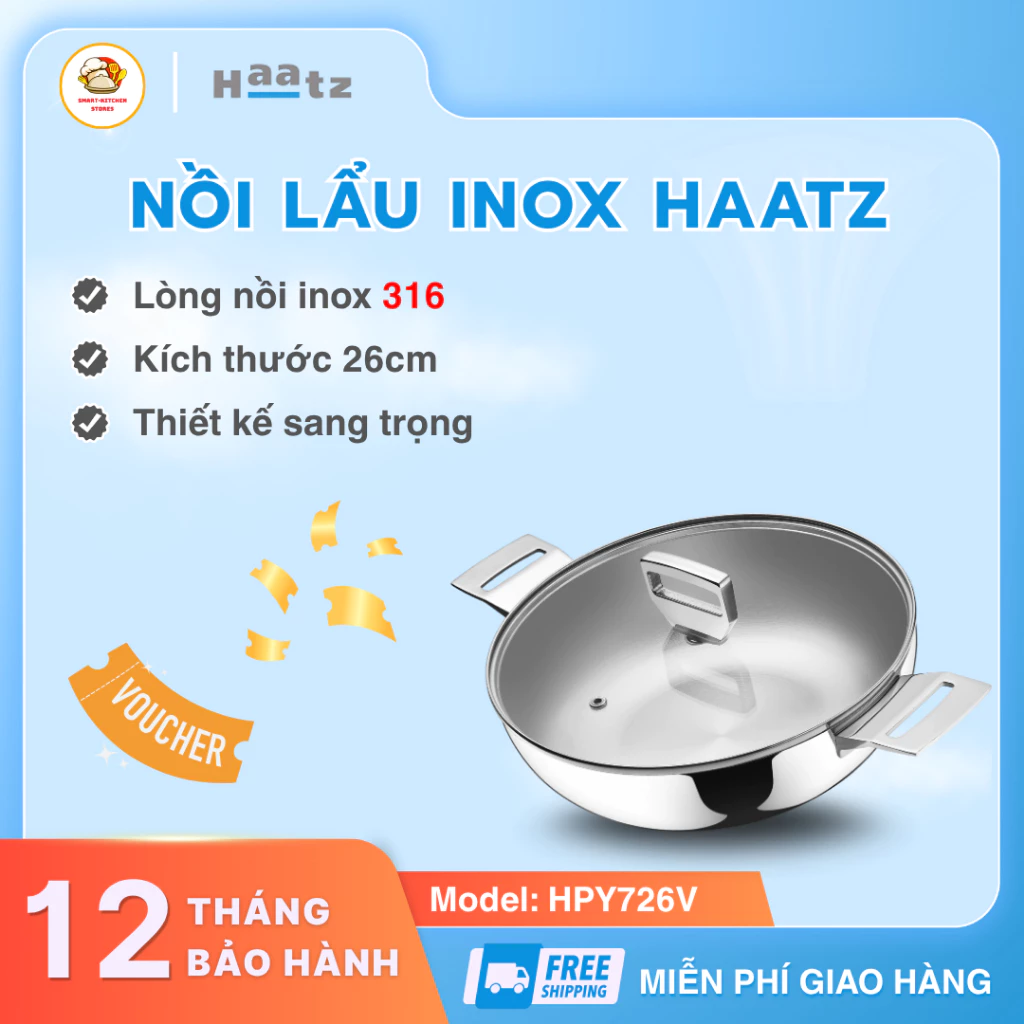 Nồi Lẩu Inox Haatz HPY726V Trọng Lượng 2.2Kg Thành Dày Giữ Nhiệt Tốt, Đáy Nồi Truyền Nhiệt Đều - Smart Kitchen Store