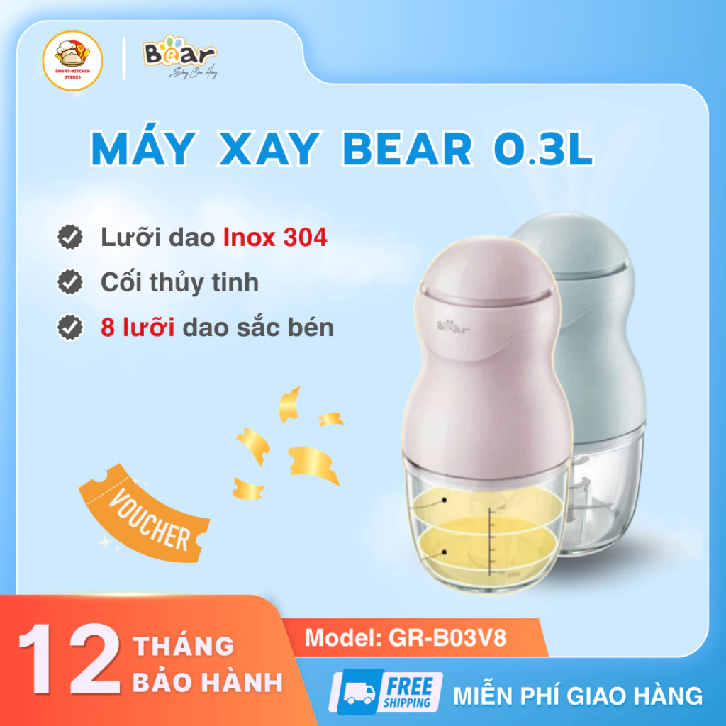 Máy Xay Ăn Dặm Bear 0,3L GR-B03V8  Lưỡi Inox 8 Cánh Sắc Bén, Cối Thủy Tinh Borosilicate Cao Cấp - Smart Kitchen Store