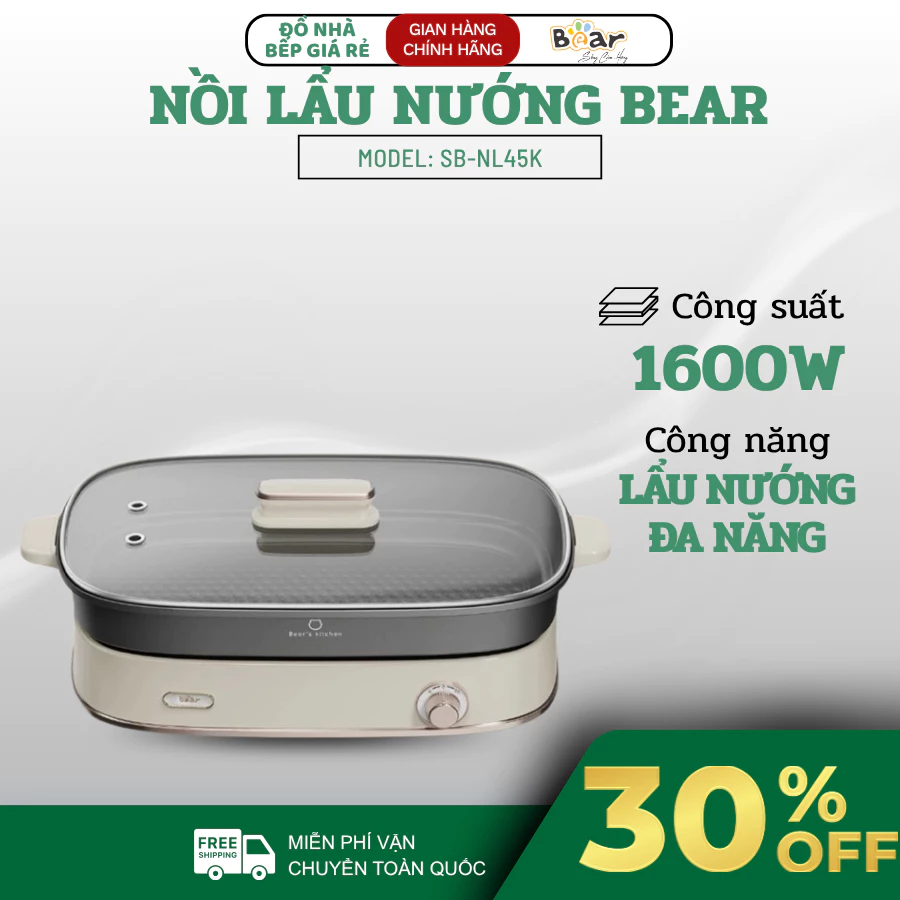 Nồi Lẩu Nướng Điện Bear 4.5L SB-NL45K Công Suất 1600W Nấu Nhanh, Ống Dẫn Nhiệt Dưới Đáy Hiệu Quả - Haatz Online
