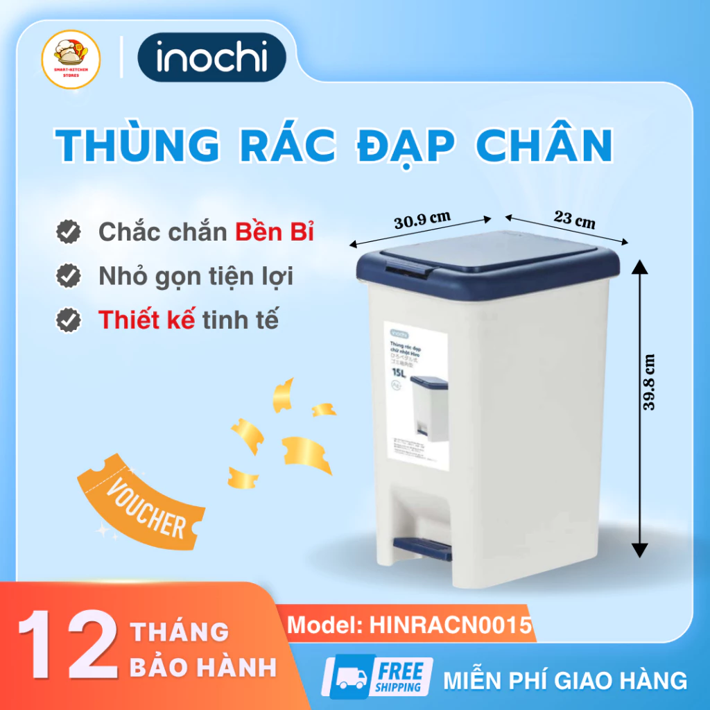Thùng Rác Đạp Chữ Nhật Hiro 15L Inochi Bàn Đạp Chắc Chắn, Hạn Chế Tiếp Xúc Đảm Bảo Vệ Sinh - Smart Kitchen Store