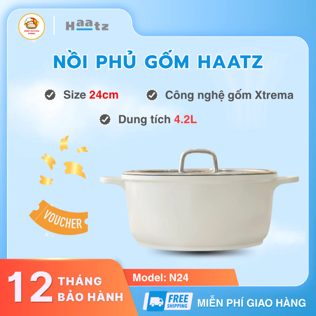 Nồi Phủ Gốm Haatz Size Nhỡ 24cm  Tiện Lợi, Chống Dính Cao Cấp Thiết Kế Sang Trọng - Smart Kitchen Stores