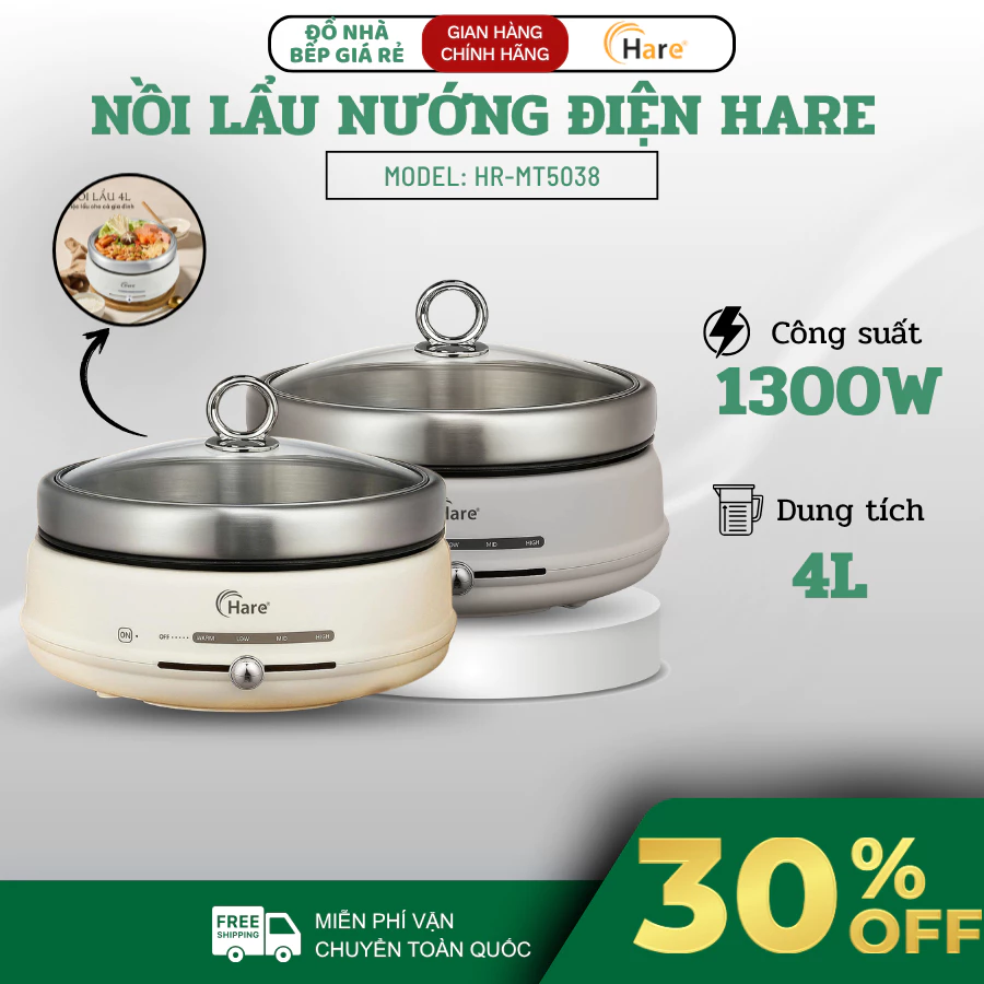 Nồi Lẩu Nướng Điện Hare HR-MT5038 Dung Tích 4L Công Suất Lớn Nẩu Nướng Tiện Lợi, Chất Liệu An Toàn Cho Sức Khỏe - Haatz