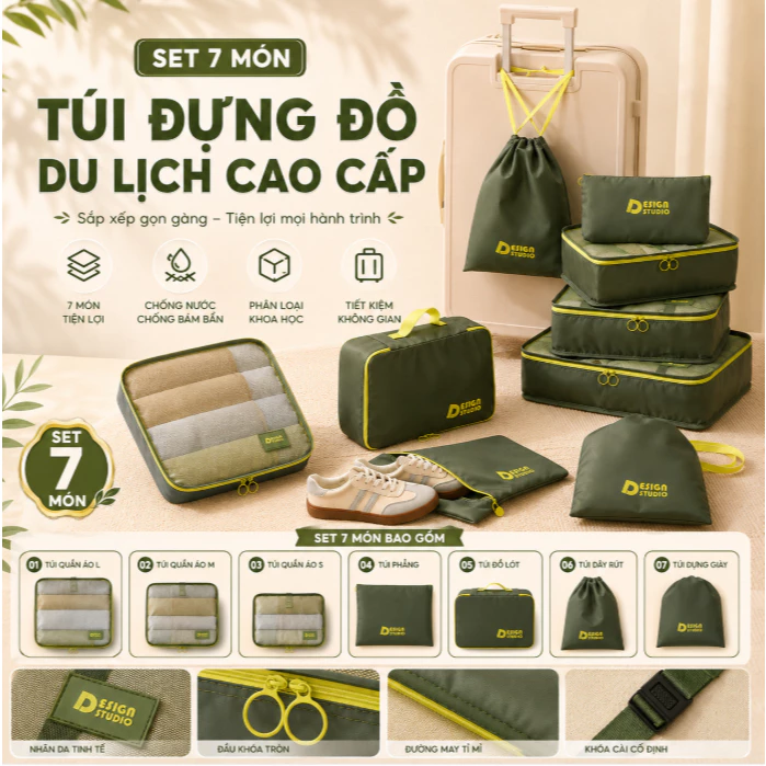 Set 7 Túi Đựng Đồ Du Lịch Cao Cấp Túi Quần Áo Nylon Chống Thấm, Sắp Xếp Hành Lý Tiện Lợi
