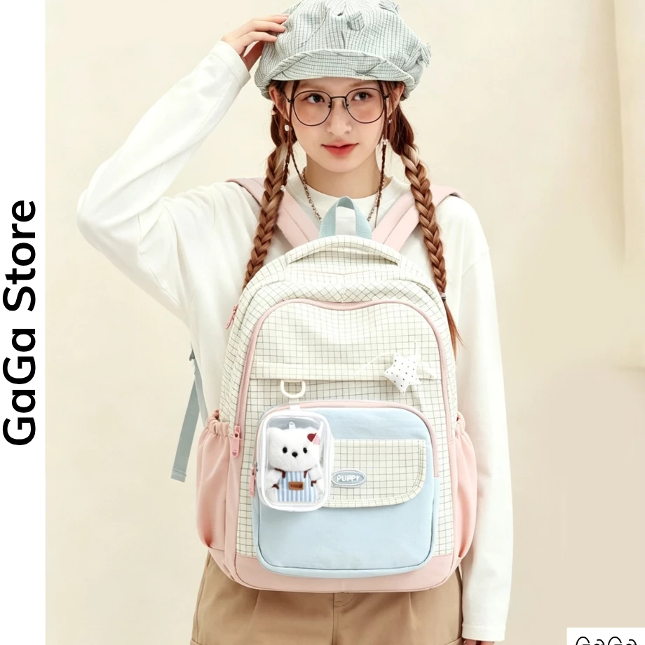 Balo Nữ Đi Học Phối Màu Caro Puppy, Cặp Sách Nhiều Ngăn Đựng Laptop 15.6 Inch B993