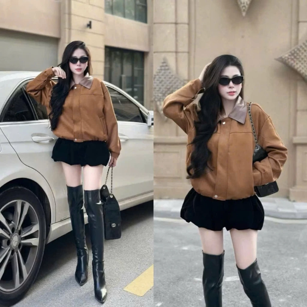 (Hàng Shop):Áo Khoác Da Lộn Phối Cổ Bẻ Bo Chun Gấu Cúc Bấm Tone Nâu Tây Cực Sang-Ảnh Thật Lollaye