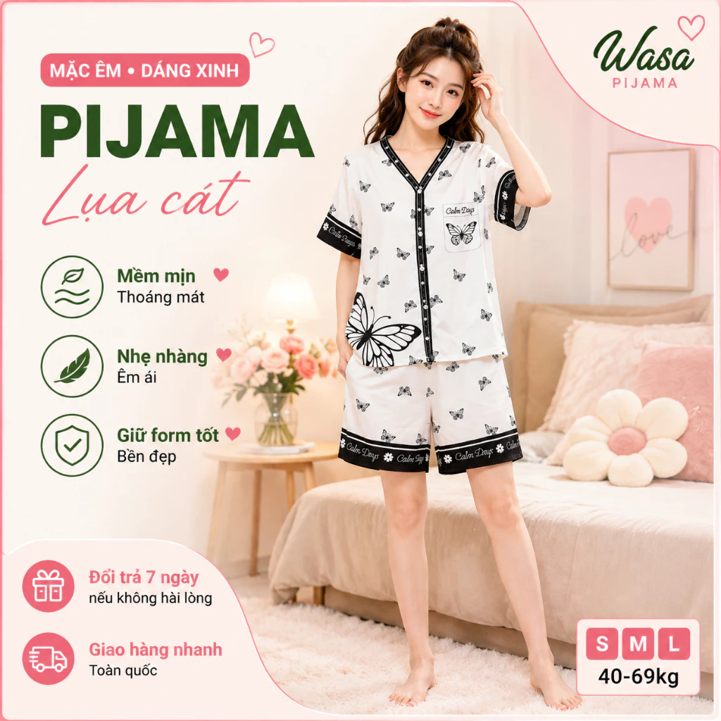 Set Đồ Ngủ Nữ Pijama Lụa Cát Tay Ngắn Quần Ngắn Phong Cách Tiểu Thư Đủ Size 40-68kg