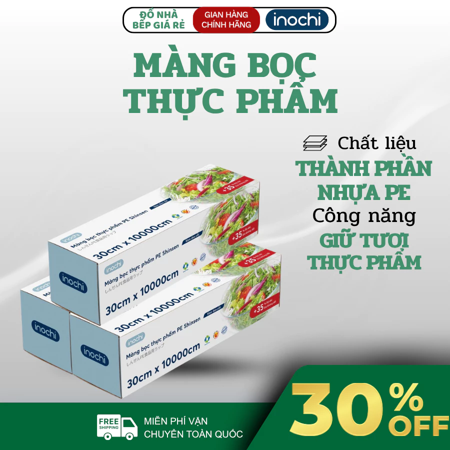 Màng Bọc Thực Phẩm PE Inochi 30cmx100m Chất Liệu Dẻo Dai Co Giãn Tốt An Toàn Cho Bếp - Đồ Nhà Bếp Giá Rẻ