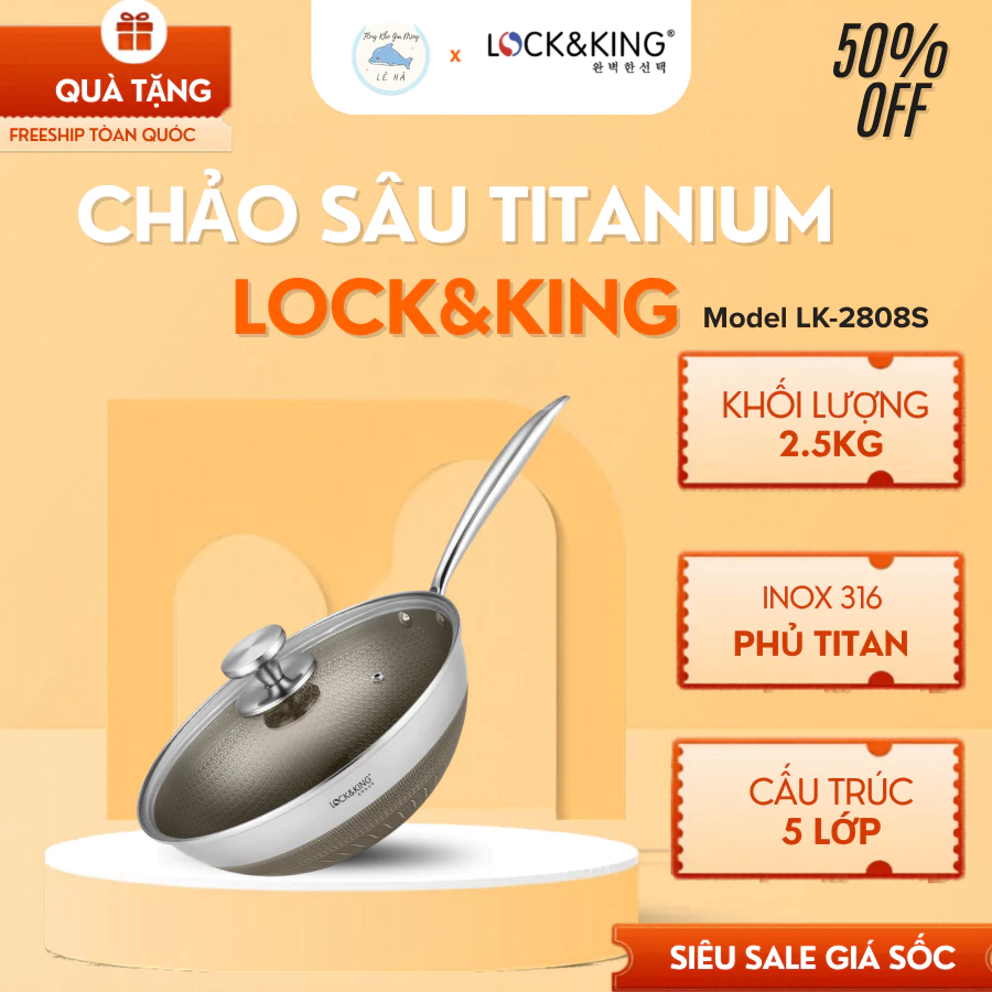 Chảo Sâu Lòng Titanium Lock&King Chống Dính Cao cấp, Đáy Từ Truyền Nhiệt Đều Dùng Mọi Loại Bếp - Tổng Kho Gia Dụng Lê Hà