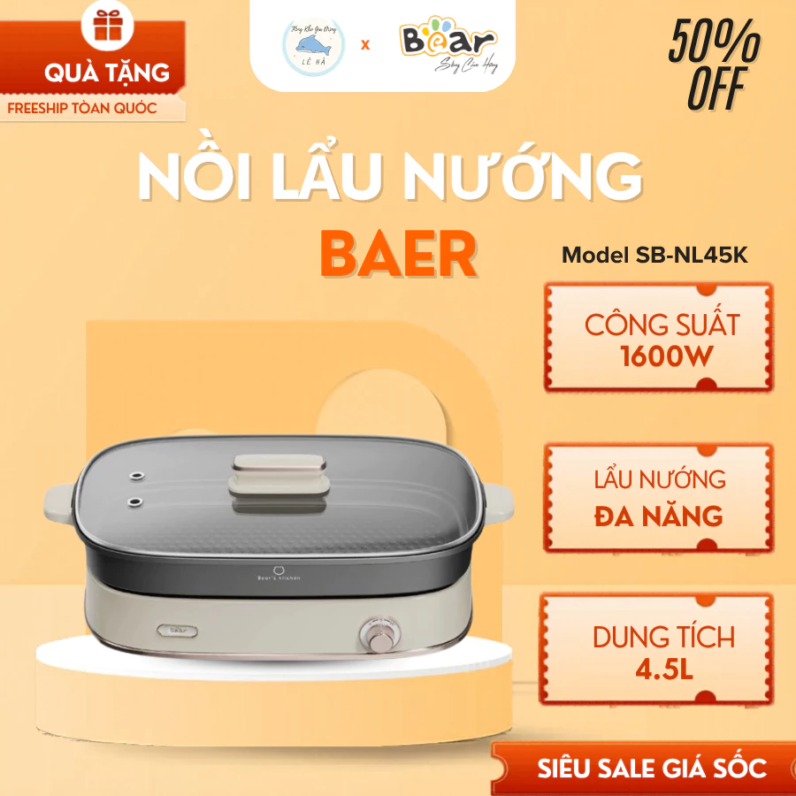 Nồi lẩu Bear SB-NL45K 4.5L 1600W, Thiết Kế Tay Cầm Chắc Chắn Điều Chỉnh Nhiệt Linh Hoạt - Tổng Kho Gia Dụng Lê Hà