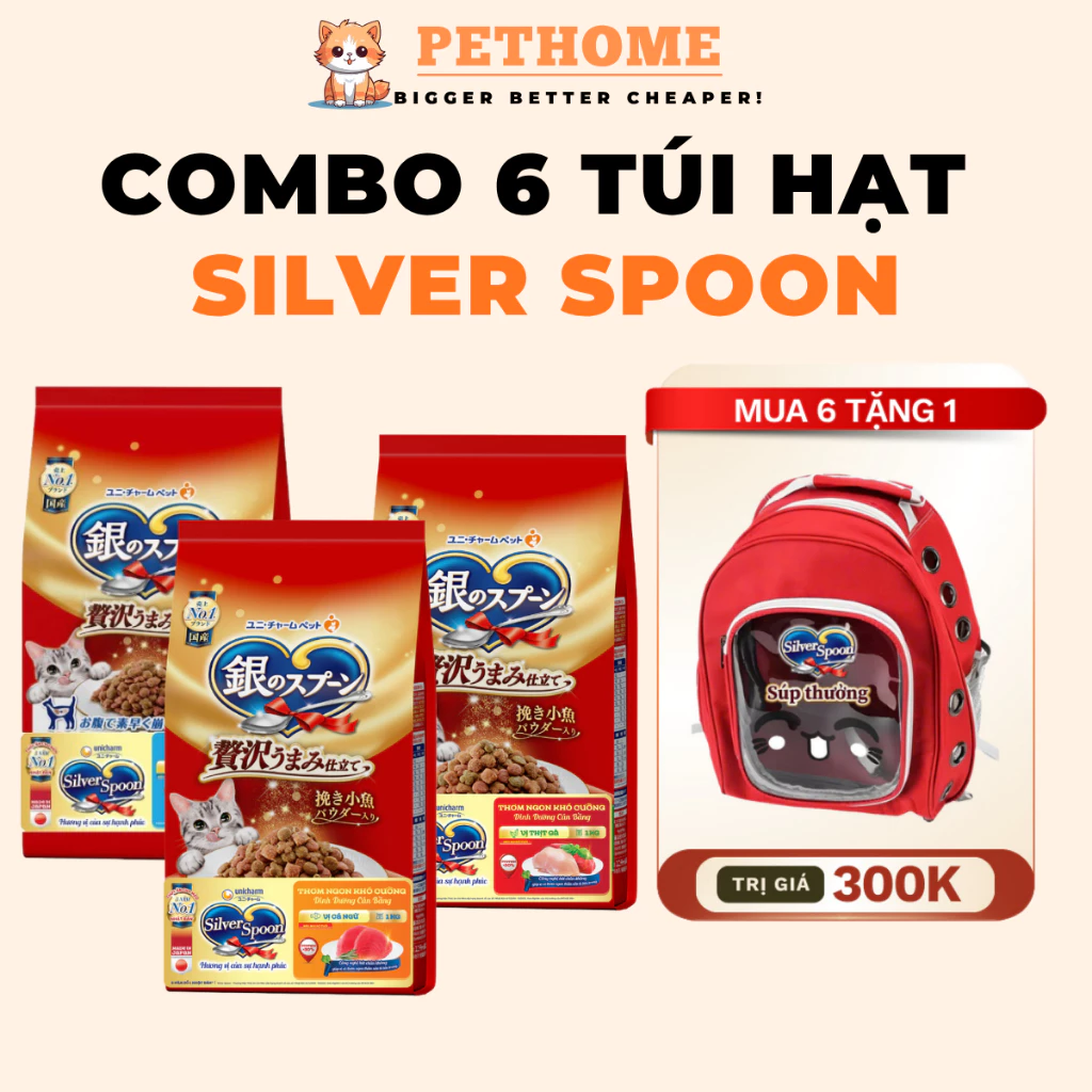 [Combo 6 Túi] Thức Ăn Hạt Cho Mèo Silver Spoon Nhật Unicharm Giàu Thịt Đạm Cao, Giảm Nôn Trớ