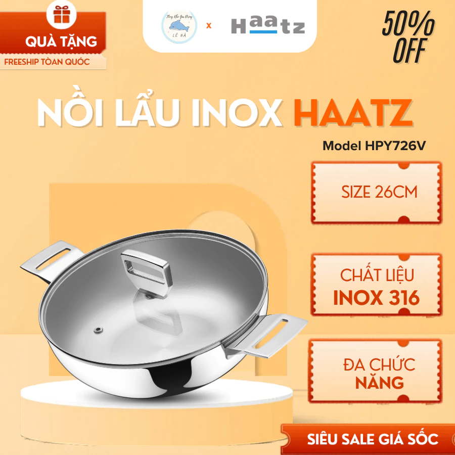Nồi Lẩu Inox Haatz HPY726V 2.2Kg 3.5L, Vung Kính Cường Lực Chịu Nhiệt An Toàn Dễ Vệ Sinh - Tổng Kho Gia Dụng Lê Hà