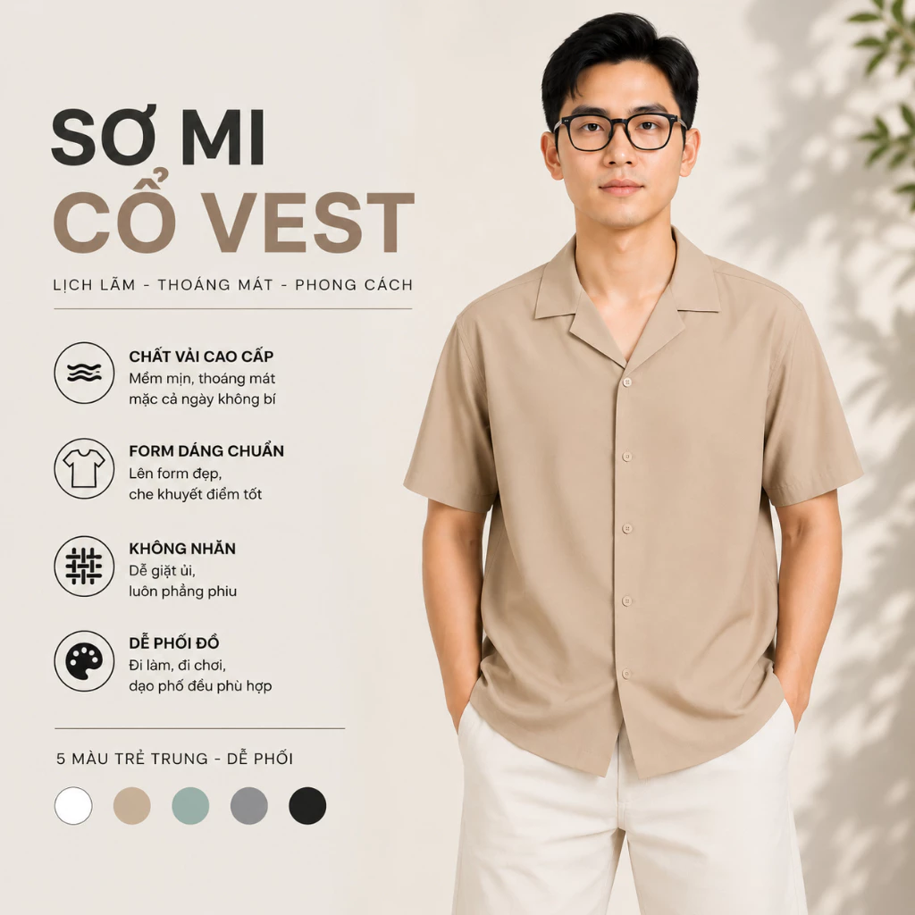 Áo Sơ Mi Nam Ngắn Tay Cổ Vest MISFITT Vải Mango Hàn Quốc Chống Nhăn Lịch Lãm