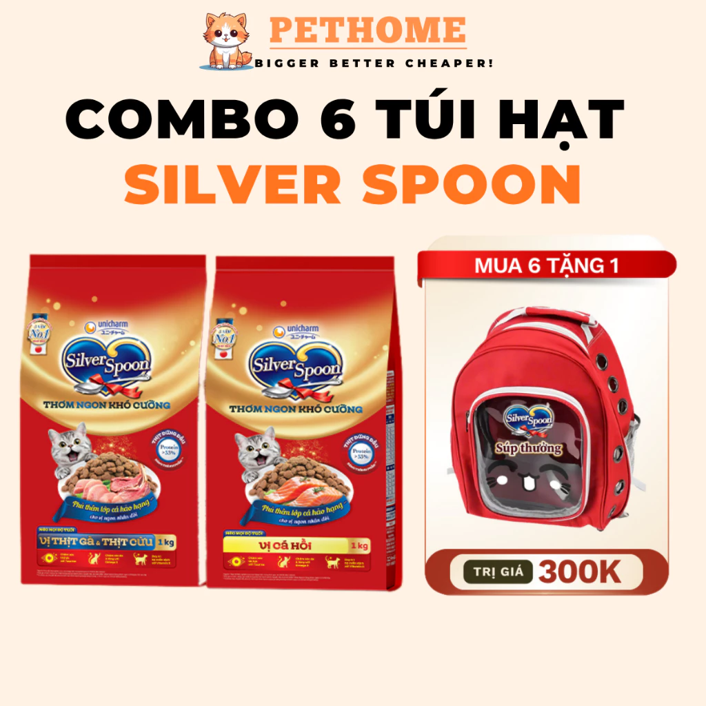 [Combo 6 Túi] Thức Ăn Hạt Cho Mèo Silver Spoon Thái Unicharm Giàu Thịt Đạm Cao, Giảm Nôn Trớ