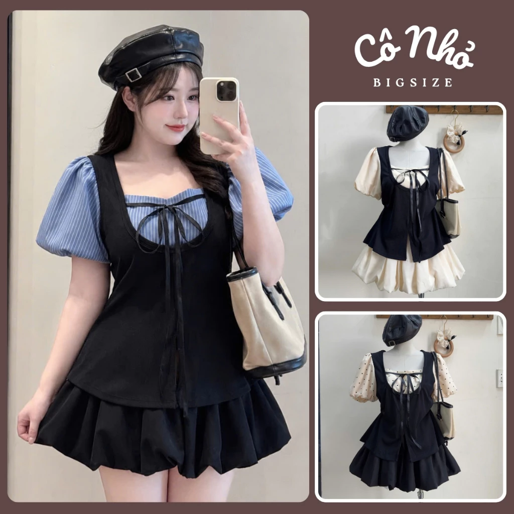 Set Đồ Bộ Bigsize Nữ Áo Kiểu Tay Ngắn Bồng Cổ Vuông Phối Chân Vay Bí Ngô Dễ Thương Vintage A369+CV413