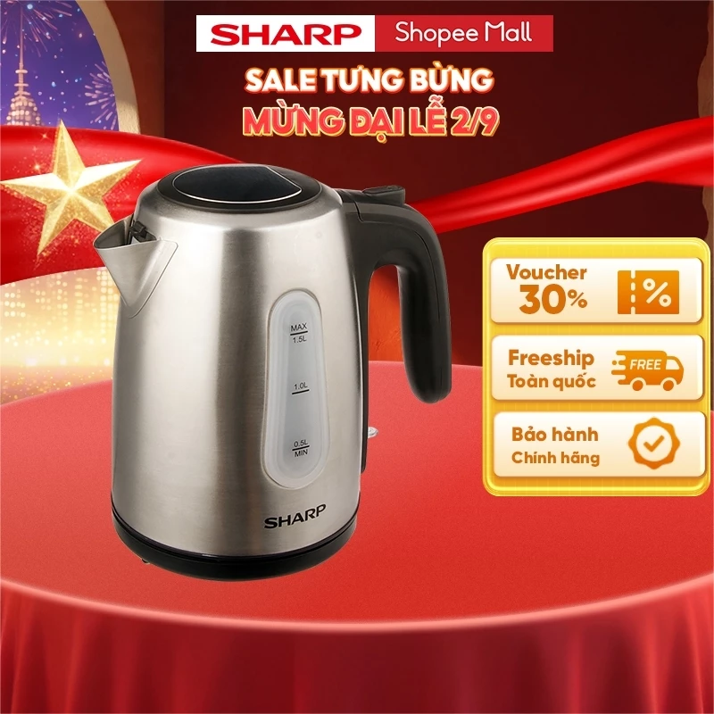 Bình Đun Siêu Tốc 1.5 Lít SHARP EKJ-15EVS-ST Vạch báo nước, Cảm biến nhiệt FADA