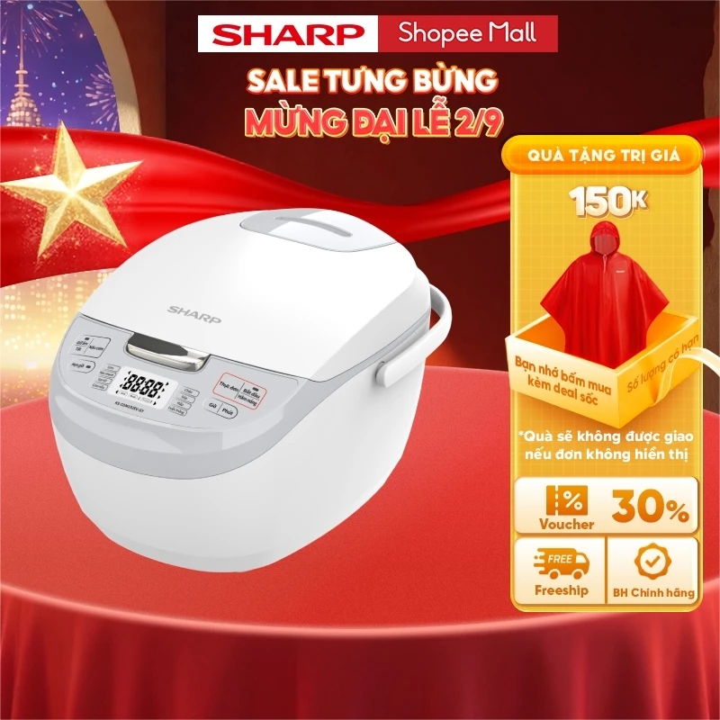 Nồi Cơm Điện Tử Sharp KS-COM192EV-GY 1.8L [8 Chức năng nấu, Màn hình LCD, Lòng nồi 3 lớp]
