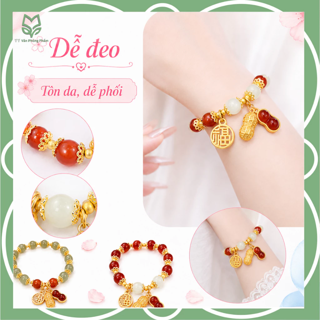 🎶 Vòng Tay May Mắn Cho Nữ Kèm Charm Đậu Phộng, Thiết Kế Hạt Tròn Phong Cách Trung Hoa