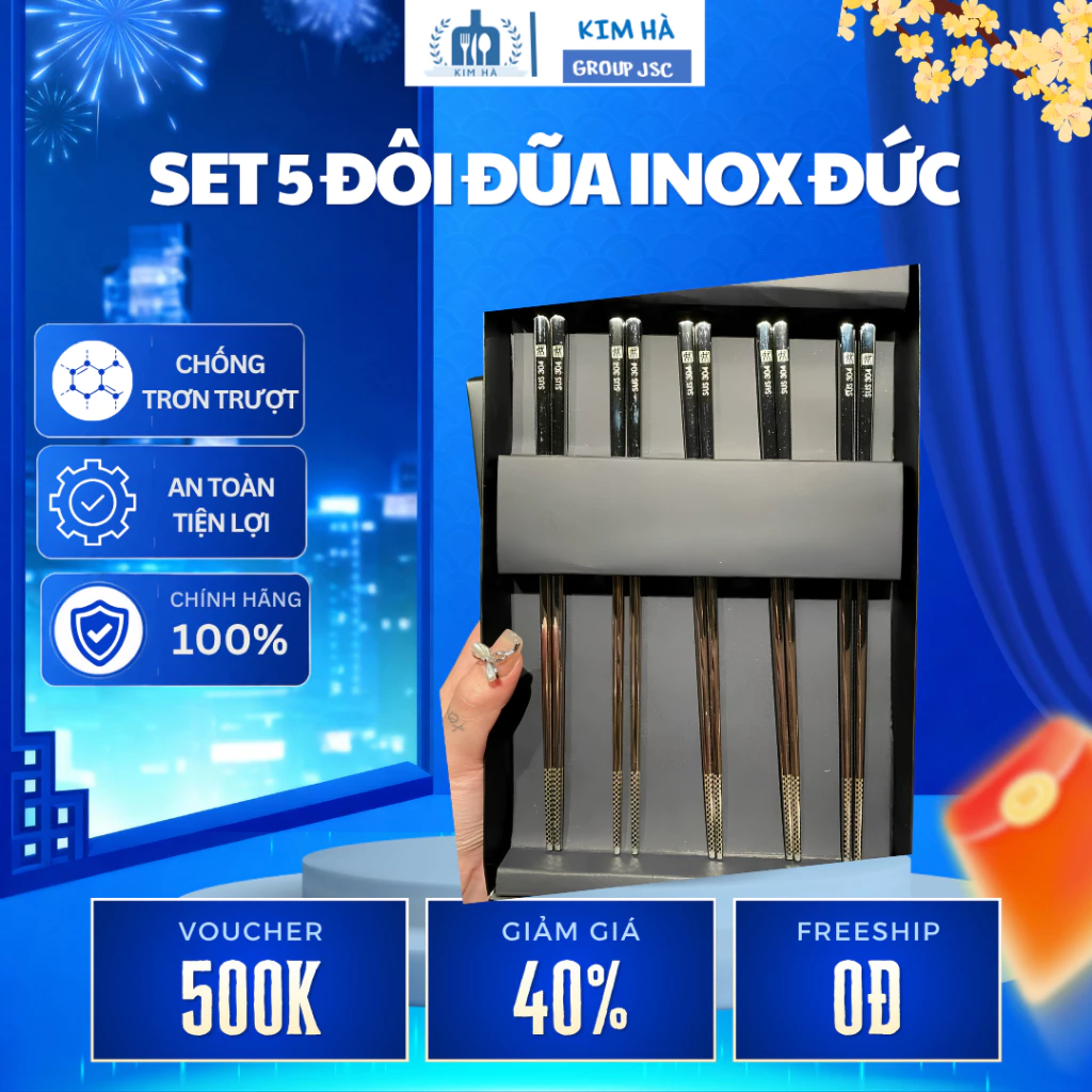 Set 5  Đôi Đũa Inox Đức kèm theo hộp - Đũa inox  hàng loại 1 chống trơn trượt - Kim Hà Group JSC