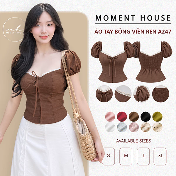 ÁO TAY BỒNG PHỐI VIỀN REN (A247) - Chất liệu linen mềm, cổ phối viền ren, có mút ngực