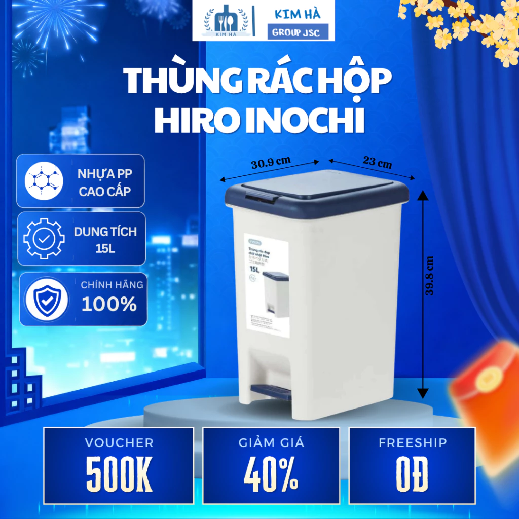 Thùng Rác Hộp Hiro 15L Inochi Nhựa PP Nguyên Sinh, Dung Tích 15L Rộng Rãi, Dễ Vệ Sinh - Kim Hà Group Jsc