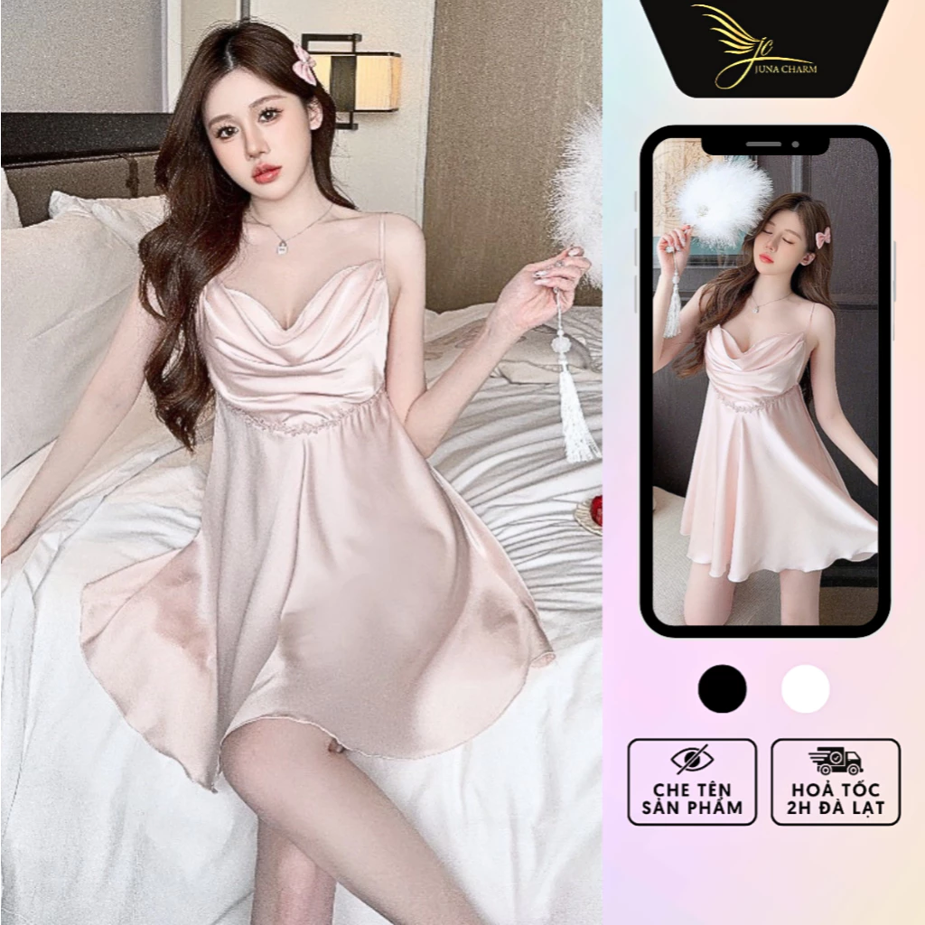 Váy Ngủ 2 Dây, Đầm Ngủ Cổ Đổ JUNA Freesize Thời Trang Đồ Ngủ Dành Cho Nữ, Chất Vải Lụa Tơ Phối Viền Ren, Màu Hồng/SP2400
