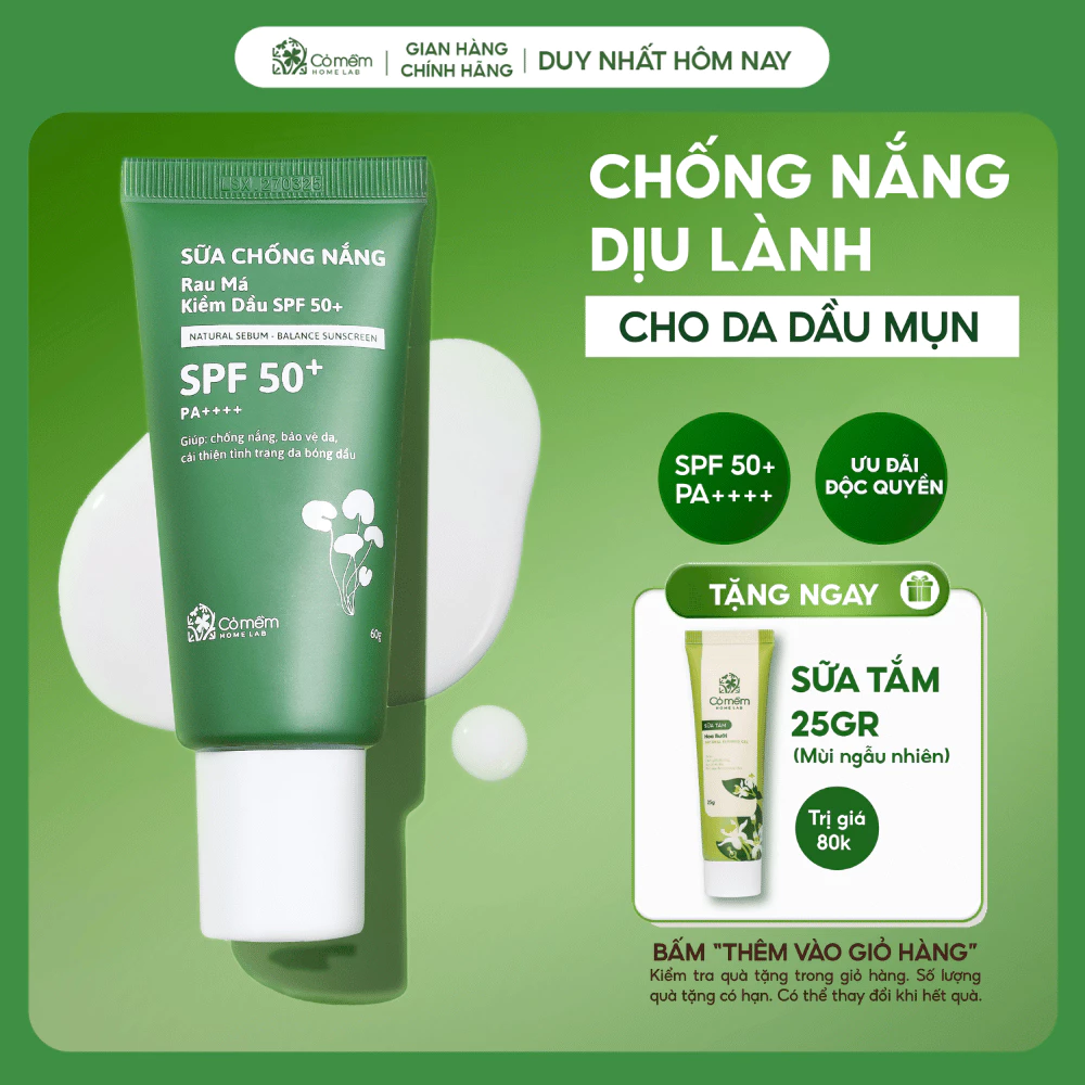 Sữa Chống Nắng Kiềm Dầu Ngừa Mụn Nâng Tone Rau Má Cho Da Dầu Mụn SPF 50+ PA++++ Cỏ Mềm 60gr