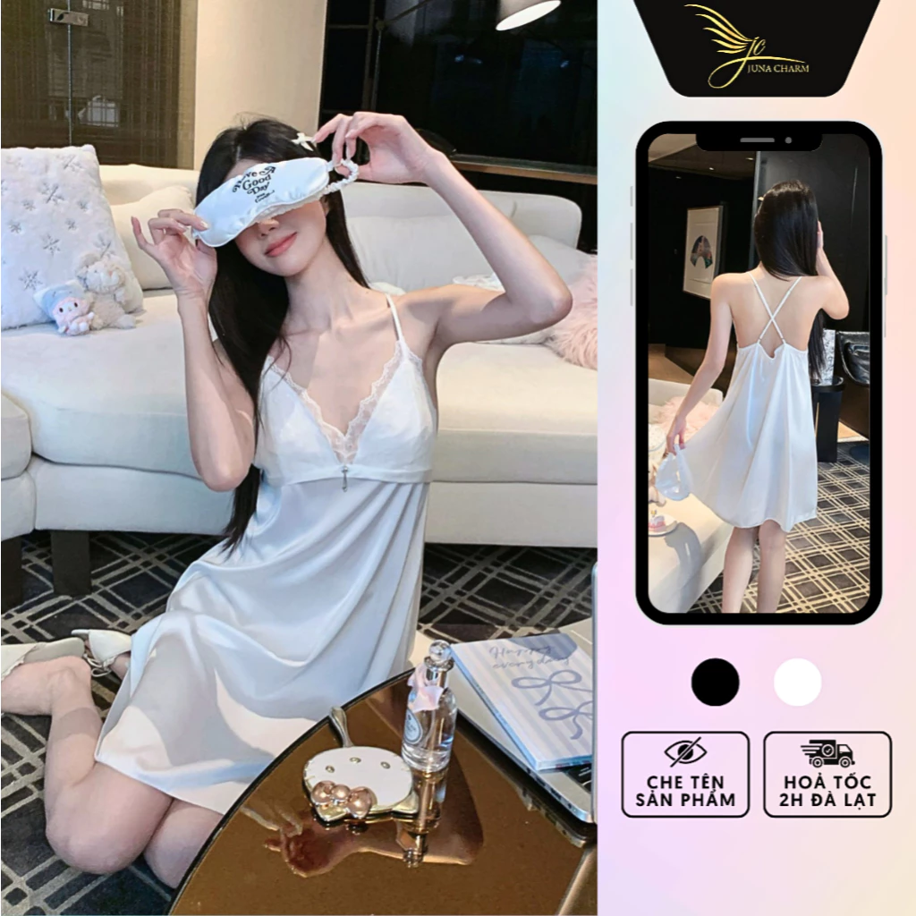 Váy Ngủ 2 Dây, Đầm Ngủ Xinh Xắn JUNA Freesize Thời Trang Đồ Ngủ Dành Cho Nữ Chất Lụa Phối Ren Cao Cấp, Màu Trắng/SP7122