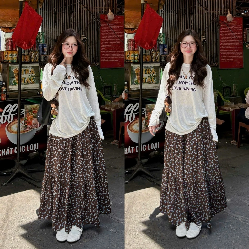 (ẢNH OLDSCHOOL) Chân váy dáng dài nữ voan nhún nâu hoa xanh CV3879 Mia Skirt
