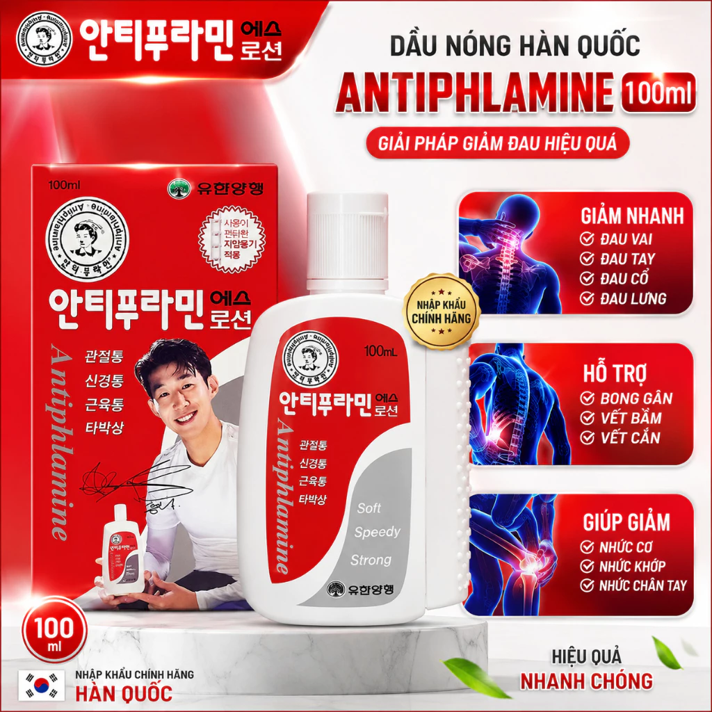 Dầu nóng xoa bóp Hàn Quốc Antiphlamine 100ml kèm thanh lăn massage giảm đau nhức cơ khớp