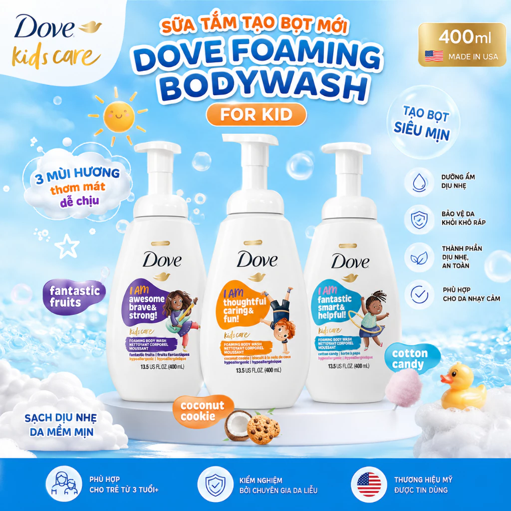 Sữa tắm tạo bọt cho bé Dove Kids Care Foaming Body Wash Mỹ 400ml không cay mắt dịu nhẹ