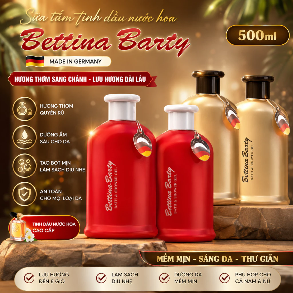 Sữa tắm nước hoa Đức Bettina Barty Bath & Shower Gel 500ml dưỡng ẩm da mềm mịn lưu hương lâu