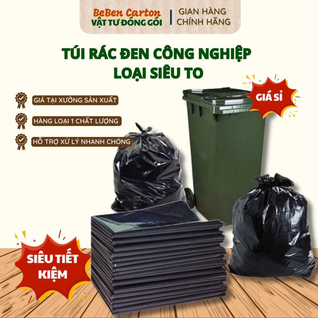 (GIÁ XƯỞNG) Túi Rác Công Nghiệp Đen Hàng Loại A Dày Bền Không Quai Xách, 2 Size Cỡ Đại 70x90CM, 90X120_Bé Bền CartonCM