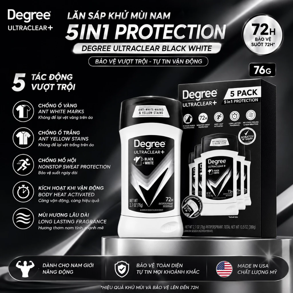 Lăn sáp khử mùi nam 5in1 Degree UltraClear Black White Mỹ 76g ngăn mồ hôi 72h chống ố vàng áo
