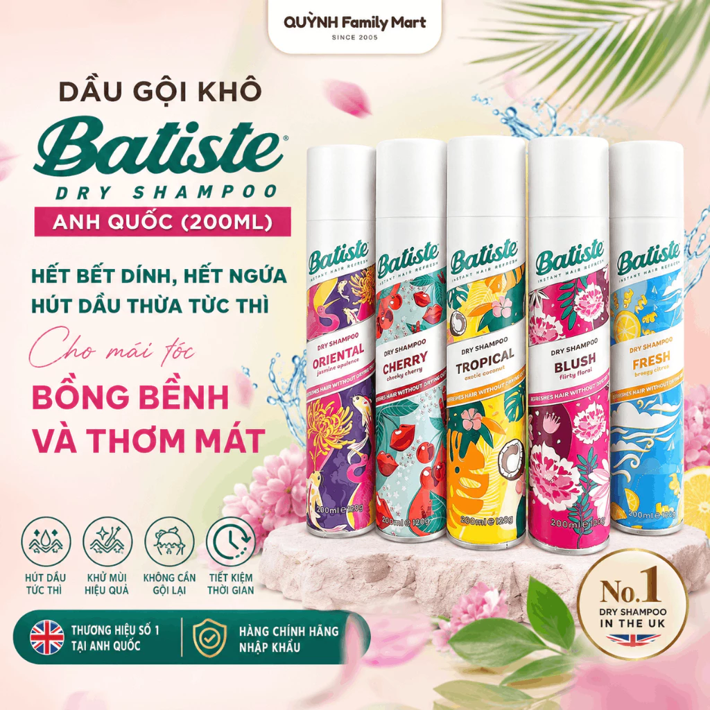 Dầu gội khô Batiste Dry Shampoo 200ml Anh Quốc làm sạch tóc bồng bềnh hút dầu tức thì